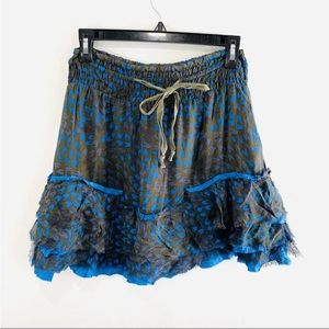 Free People Silk Blue Brown Ruffle A-Line Mini Skirt Small